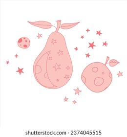 cosmic pears and apples among the stars, fantasy alien comet fruits in space, children's illustration with pink fruits