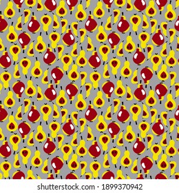 Cosmic pears seamless pattern vector. Luxe lemon and space cherry pears fruit isolated on chrome grey. Unusual cosmic fruits seamless pattern by pantone palette colors. One of a series