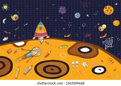 Cosmic pencils. Children's drawings about space. Trendy template for printing on clothes, textiles, t-shirts, packages.