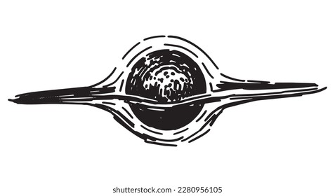 El doodle de fenómeno cósmico. Dibujo de contorno del agujero negro. Esbozo de ciencia astronómica. Ilustración vectorial dibujada a mano aislada en blanco.