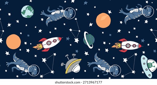Padrão de pixel cósmico com foguetes e estrelas
