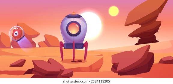 Cosmic planet landscape with Unidentified flying object UFO. Alien invasion on desert surface with rocks on sunny sky. Fantasy space planet. Cartoon vector extraterrestrial galaxy game background