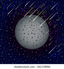 Cosmic planet with the meteorites rain. Vector illustration