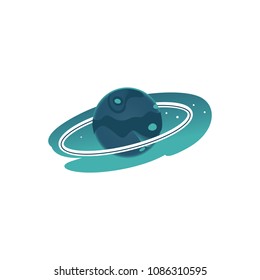 Cosmic planet with rings satellite icon. Space fantastic cosmos object. Green sphere star with circle orbit. Astronomy, galaxy exploration design object Vector cartoon illustration