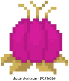 Cosmic plant vector illustration. Pink flower with yellow leaves. Unknown object for pixel game design layout. Element for game about space. Alien flower or plant isolated on white background