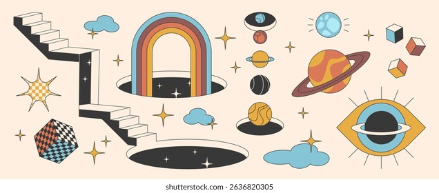 Elementos portais cósmicos com arco da porta do arco-íris entrando em vazio - escadas com buracos cósmicos, planetas e cubos geométricos, nuvens cintilantes com estrelas e olho. Portal surreal definido para pôsteres psicodélicos.