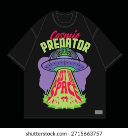 Estilo de diseño de depredador cósmico extraterrestre montando avión OVNI para camiseta de streetwear