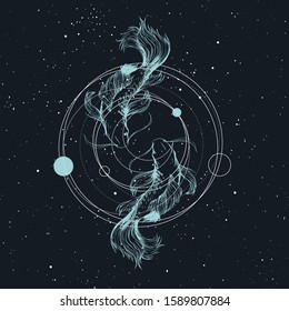 Cosmic print design with koi fish on the night sky vector galaxy