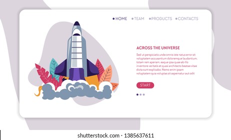 Cosmic program across universe online web page template vector spaceship launch or rocket start spacecraft interstellar expedition space voyage astronomy science planets and satellites exploration