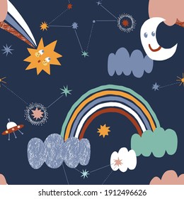 Cosmic Rainbow Comet Star Moon Constellation vector seamless pattern. Whimsical Celestial nursery fabric print. Boho baby abstract space arch design