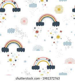 Cosmic rainbow starry rain vector seamless pattern. Boho baby space background. Celestial bodies sun cloud star nursery print.