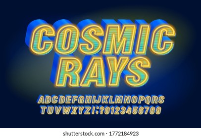 Cosmic Rays alphabet font. 3D effect letters, numbers and symbols. Stock vector typescript for your typography design.