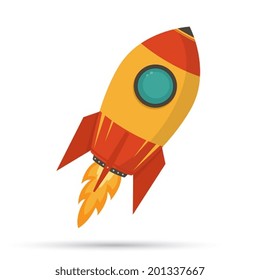 Cosmic rocket in flat design on white background.