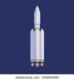 Cosmic rocket flying in open space with engine fire flames. Futuristic rocketship or spaceship. Shuttle during cosmos flight. Colored flat textured vector illustration of intergalactic transport