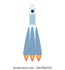 Cosmic rocket flying in open space with engine fire flames. Futuristic rocketship or spaceship. Shuttle during cosmos flight. Colored flat textured vector illustration of intergalactic transport