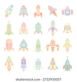 Foguete cósmico em estilo escandinavo mostrando veículos de lançamento espacial lúdico com impulsionadores e motores perfeitos para seus projetos de ilustração e design criativo