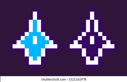 Cosmic rocket, squared neon spaceship, space pixel game, set of invaders on purple, galaxy equipment, collection of pixelated ships, alien vector