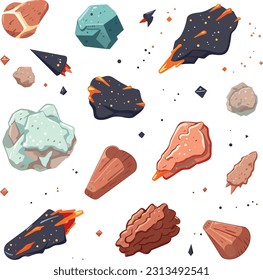 cosmic rocks collection of asteroids and comets floating in space. set of celestial bodies