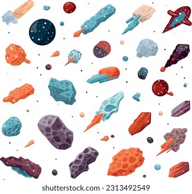 cosmic rocks collection of asteroids and comets floating in space. set of celestial bodies