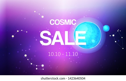Cosmic sale banner vector illustration. Spaceship travel to new planets and galaxies. Space trip future technology. Open or outer space. Planets with satellite and constellation.