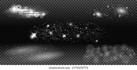 
Cosmic Scene with Horizontal Light Streamer, Glowing Comet Orb, Wide Milky Star Field with Scattered Sparkles and Soft Fog Clouds on Dark Transparent Background. Vector Illustration.