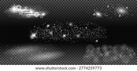 
Cosmic Scene with Horizontal Light Streamer, Glowing Comet Orb, Wide Milky Star Field with Scattered Sparkles and Soft Fog Clouds on Dark Transparent Background. Vector Illustration.