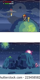 Cosmic scene in pixel art. Background of space and mountaines. Fantastic landscape with objects, planet and stars. Pixelated location for game or application. 8 bit video game. Galaxy videogame area