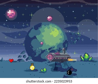 Cosmic scene in pixel art. Background of space and spaceship. Crater landscape with objectss, planet and stars. Pixelated location for game or application. 8 bit video game. Galaxy videogame area