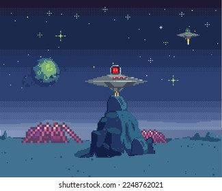 Cosmic scene in pixel art. Pixelated location for game or application. Background of space and spaceship. Fantastic landscape with objects, UFO and stars. 8 bit video game. Galactic videogame area