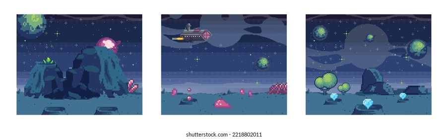 Cosmic scenes set in pixel art. Pixelated location for game or application. Background of space and spaceship. Fantastic landscape with planet, UFO and stars. 8 bit video game. Galactic videogame area