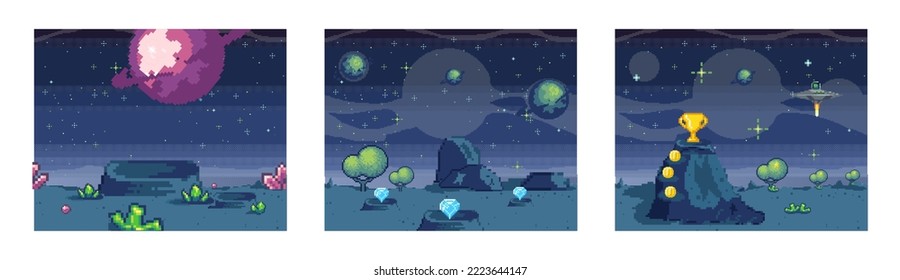 Cosmic scenes set in pixel art. Pixelated location for game or application. Background of space and spaceship. Fantastic landscape with planet, UFO and stars. 8 bit video game. Galactic videogame area