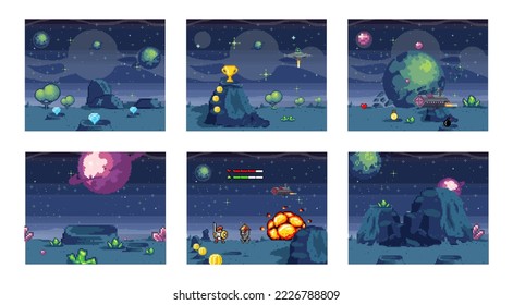Cosmic scenes set in pixel art. Pixelated location for game or application. Background of space and spaceship. Fantastic landscape with planet, UFO and stars. 8 bit video game. Galactic videogame area