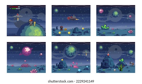 Cosmic scenes set in pixel art. Pixelated location for game or application. Background of space and spaceship. Fantastic landscape with planet, UFO and stars. 8 bit video game. Galactic videogame area