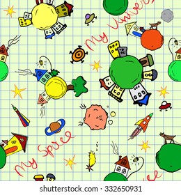 Cosmic seamless background stylized under doodle illustration on school notebook page. Cosmos childish background. Fairy space.