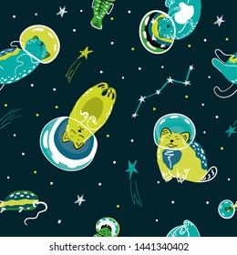 Cosmic seamless colorful pattern on dark. Cute cartoon cat-astronauts floating in space with  with planets, stars, rockets, constellations, ufo. Vector illustration.