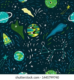 Cosmic seamless colorful pattern on dark. Cute cartoon cat-astronauts floating in space with  with planets, stars, constellations. Vector illustration.