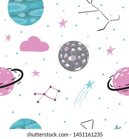 Cosmic seamless colorful pattern on dark. Cute cartoon cat-astronauts floating in space with  with planets, stars, rockets, constellations, ufo. Vector illustration.
