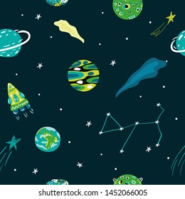 Cosmic seamless colorful pattern on dark. Cute cartoon cat-astronauts floating in space with  with planets, stars, rockets, constellations, ufo. Vector illustration.