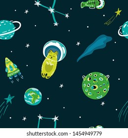Cosmic seamless colorful pattern on dark. Cute cartoon cat-astronauts floating in space with  with planets, stars, rockets, constellations, ufo. Vector illustration.