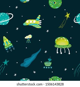 Cosmic seamless colorful pattern on dark. Cute cartoon cat-astronauts floating in space with  with planets, stars, rockets, constellations, ufo. Vector illustration.