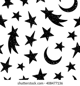 Cosmic seamless grunge pattern of the black star, moon and comet on white background. Design element for background, textile, paper packaging, wrapping paper and other. Vector illustration.