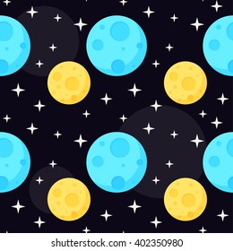 Cosmic seamless pattern background. Blue and yellow colored planets in open space. 