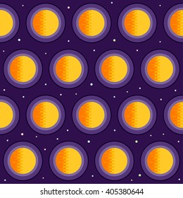 Cosmic seamless pattern background. Bright orange sun and stars isolated on stylish purple cover. Cosmic, astronomy and space theme. Planets in open space.