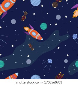 Cosmic seamless pattern in cartoon style. Space, planets, rocket and stars. Cosmos and universe background. Vector for textile, print, fabric, nursery.