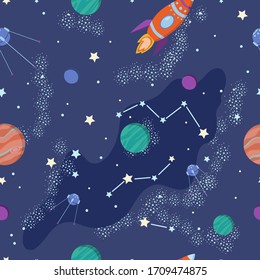 Kosmisches nahtloses Muster im Cartoon-Stil. Sterne, Planeten und Raketen auf blauem Hintergrund. Vektorillustration-Illustration für Textilien, Kindergarten, Druck.