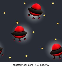 Cosmic seamless pattern with colorful cute flying space ships and stars. Vector stock illustration for cards, wallpaper, textile, fabric, kindergarten. Space travel UFO Cartoon style.