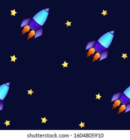 Cosmic seamless pattern with colorful cute flying rockets and stars. Vector stock illustration for cards, wallpaper, textile, fabric, kindergarten. Space travel. Innovation product. Cartoon style.