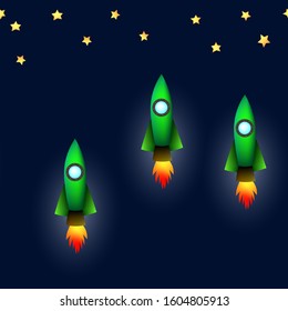 Cosmic seamless pattern with colorful cute flying rockets and stars. Vector stock illustration for cards, wallpaper, textile, fabric, kindergarten. Space travel. Innovation product. Cartoon style.
