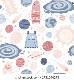 Cosmic seamless pattern with cute aliens between planets, stars and galaxies. Vector hand-drawn childish illustration in simple Scandinavian style. Pastel Palette.