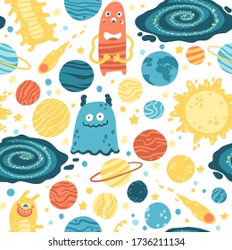 Cosmic seamless pattern with cute aliens between planets, stars and galaxies. Vector hand-drawn childish illustration in simple Scandinavian style. Colorful palette.